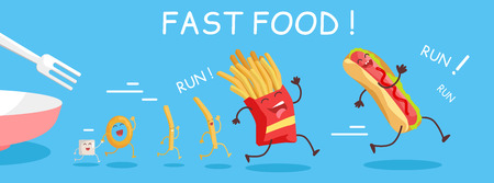 Fast food conceptual . Funny food products run from the plate. Fries, donuts, hot dog characters in cartoon style. Happy meal for children. For childish menu poster. design illustrationのイラスト素材