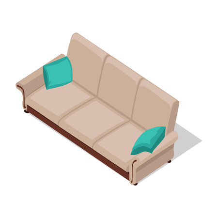 Sofa with pillows in isometric projection. Comfortable furniture illustration for stores advertising, icons, infographics, web and games environment design. Isolated on white backgroundのイラスト素材