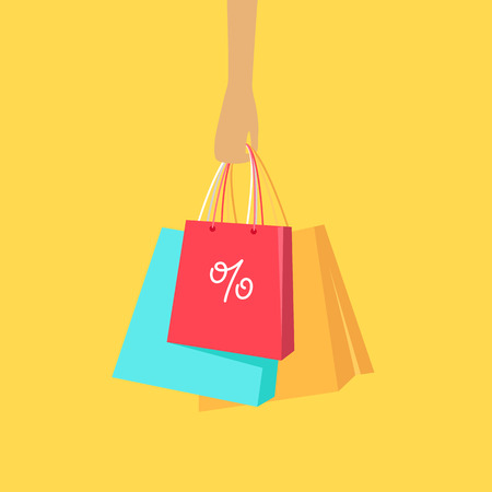 Big sale hot price in woman clothing store. Color shopping paper bags hanging on a female hand flat illustration. Black friday. For seasonal sales and discounts promotions designのイラスト素材