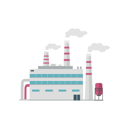 Factory building with pipes in flat. Industrial factory building concept. Industrial plant with pipes. Plant with smoking chimneys. Factory icon. Isolated object in flat design on white background.のイラスト素材