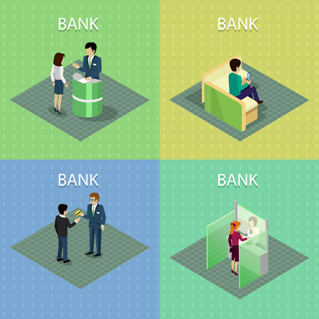Set of bank concept vectors in isometric projection. Banking services. Work with customers in bank. Illustration for business and finance companies ad, apps design, icons, infographics.のイラスト素材