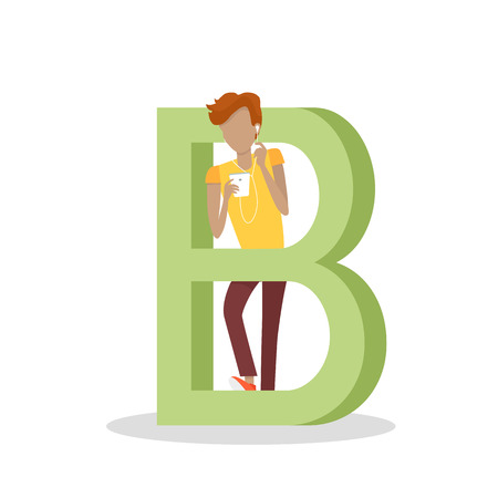 B letter and boy stands and listens to music on mobile phone. Social network. Alphabet with cartoon pictures of people using modern computer technologies for communication. Flat design. ABC vectorのイラスト素材