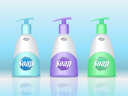 Set of soap bottle with spreader isolated. Cosmetic product flasks with logo or symbol on the nameplate. Reservoir with label. Part of series of decorative cosmetics items. Vector illustrationのイラスト素材