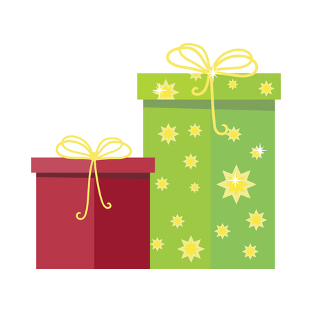 Gift boxes vector icon in flat style. Packaged with red and green with stars paper presents. Holiday surprise. For app button, infogpaphics elements, logo, web design. Isolated on white backgroundのイラスト素材
