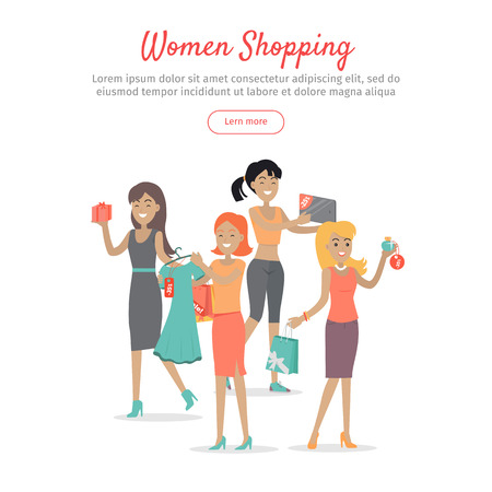 Woman shopping web banner. Group of young happy females with clothing, perfumes, gift, mobile device purchased on sale flat vector on white background. For stores discounts promotions landing pageのイラスト素材