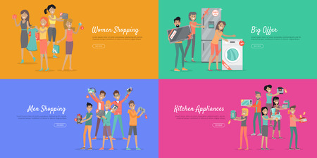 Shopping with discounts web banners set. Group of smiling men and women standing with goods purchased on sale flat vector illustrations on color backgrounds. For store promotions landing page designのイラスト素材