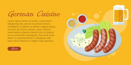 German cuisine web banner. Grilled Bavarian sausages on plate with vegetable garnish, sauce and pint of beer flat vector illustration. Oktoberfest. For restaurant web page designのイラスト素材