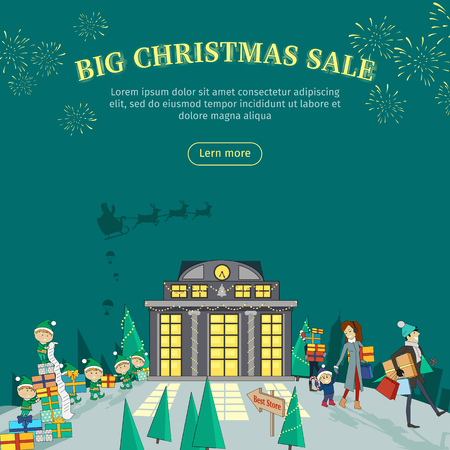 Big Christmas sale vector web banner. Flat design. People leaving store with gifts on Christmas Eve, elves packing presents in boxes. Shopping on winter holidays. For seasonal sales and discounts adのイラスト素材