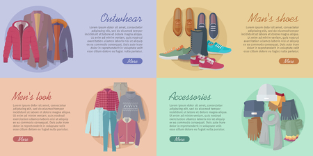 Set of fashion vector web banners. Flat design. Outwear, accessories, men s look and shoes concepts . Horizontal illustrations for modern clothes store landing page designのイラスト素材