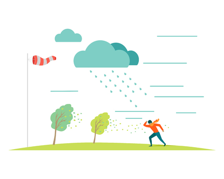 Bad or stormy weather vector concept. Flat design. Man in scarf moving against the strong wind in the rain, storm blowing trees leaves, windsock on pole shows wind direction. For weather conceptsのイラスト素材
