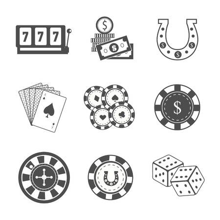 Set of Gambling Accessories vector. Flat style. Slot machine, horseshoe, chips cards, dice, money roulette Illustrations for gambling industry, sport lottery services, icons, web pages, logo design.のイラスト素材