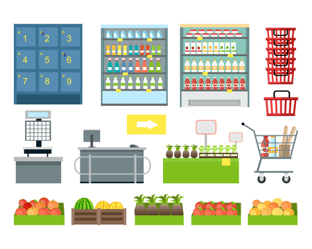 Set of supermarket furniture and equipment vector. Flat design. Shelves, freezer, lockers, scales, cash, showcase, cart, basket, trolley boxes with food illustrations Assortment in grocery storeのイラスト素材