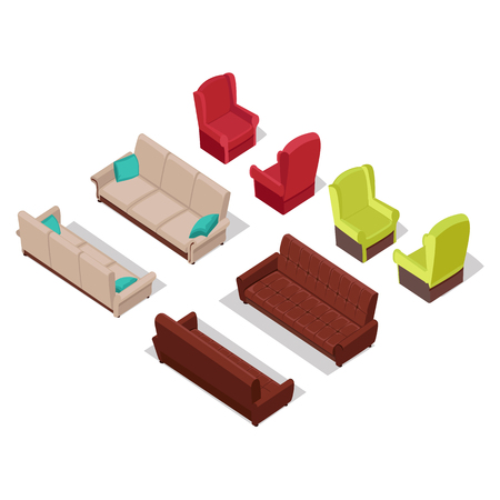 Set of furniture vectors in isometric projection. Classic armchair and sofa illustrations for stores ad, app icons, infographics, logo, web and games environment design. Isolated on white backgroundのイラスト素材