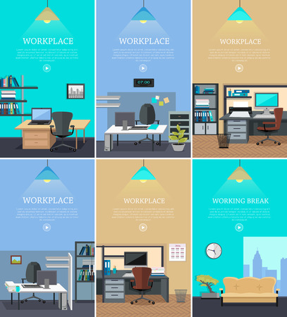 Set of workplace and working break horizontal web banners in flat style. Bright office interior design with modern furniture, plants, racks with documents and ceiling light. Comfortable place for workのイラスト素材
