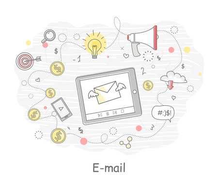 E-mail. Video marketing. Approaches, methods and measures to promote products and services based on video. Video marketing business flat. Online video, internet technology and media social marketingのイラスト素材