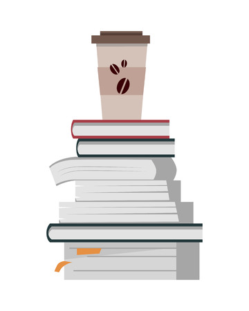 Stack of books with paper cup of coffee in flat. Book pile icon. Coffee hot drinking cup. Business education concept. Set of multicolored books. Isolated vector illustration on white background.のイラスト素材