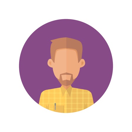 Man character avatar vector in flat style design. Bearded male personage portrait icon in violet circle. Illustration for concepts, app pictograms, infographic. Isolated on white background.のイラスト素材