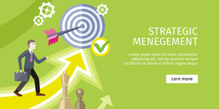 Strategic management concept flat style vector. Businessman with briefcase, arrow in target, chess figures, gears illustrations. Success planning and expected development. Wealth and savings growing.のイラスト素材