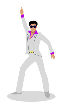 Disco dancer vector illustration. Flat design. Man character in white suit and sunglasses in classic disco pose with raised hand. For celebrating, party concepts, dancing club ad. On white background.のイラスト素材