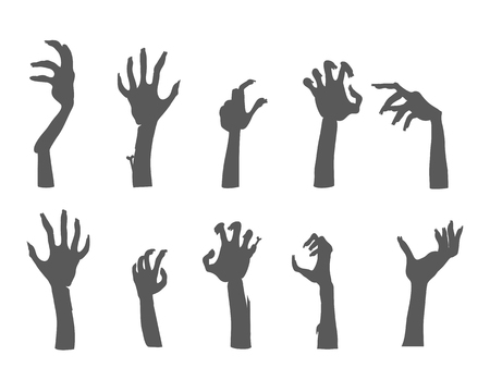Zombie hands sticking out from the ground. Various damaged and dried human limbs appear from the grave flat vector illustrations isolated on white. Undead arises on cemetery. For Halloween party decorのイラスト素材
