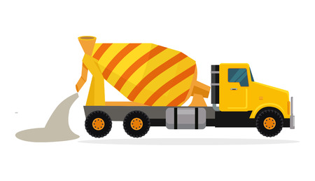 Concrete mixing truck vector. Flat design. Industrial transport. Construction machine. Yellow lorry with mixer pour out cement. For construction theme illustrating, building companies ad. On whiteのイラスト素材