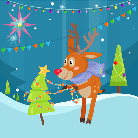 Deer in blue scarf decorating christmas tree on snowy background. Funny reindeer prepares for the New Year Eve. Cute mammal character decorates fir tree with garland in flat style. Vector illustrationのイラスト素材