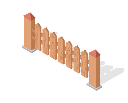 Wooden fence isolated on white. Gates and fences in flat style design. Isometric projection. Barrier for countryside yard. Wooden fence with columns. Fence made of wood icon. Vector illustrationのイラスト素材