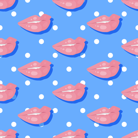 Seamless pattern patch smiling lips with teeth on polka dot background. Lips painted with pink lipstick and white teeth half open mouth. Cosmetic wrapping. Fashion patch in cartoon 80s-90s comic styleのイラスト素材