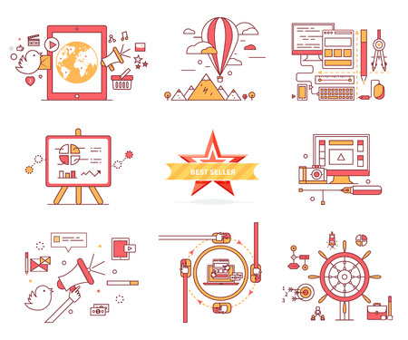 Set of web icons in flat style. E-commerce. Travelling on balloon, computer technologies, diagrams and charts, best seller, communication system, chat sign, vector infographics, online games concept.のイラスト素材