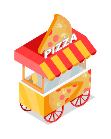 Pizza cart store on wheels isometric projection flat vector icon isolated on white background. Street fast food eatery with italian snacks. For app, infographics, game environment, web designのイラスト素材