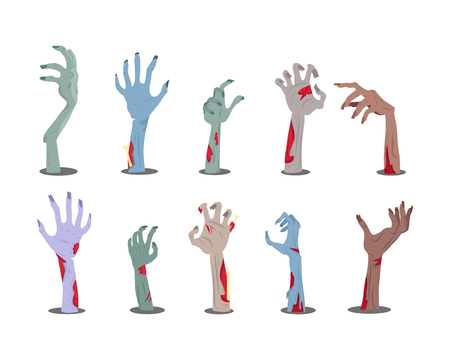 Zombie hands sticking out from the ground. Various damaged and dried human limbs appear from the grave flat vector illustrations isolated on white. Undead arises on cemetery. For Halloween party decorのイラスト素材