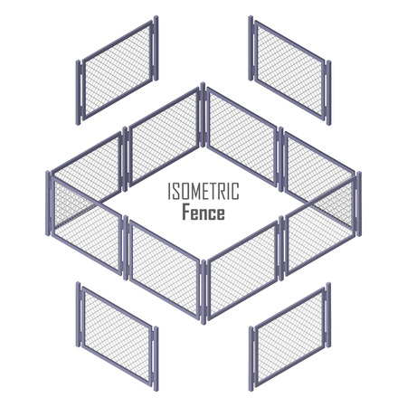 Isometric fence in light colors isolated on white. No solid fence. Iron gate open and close from middle. Fence with columns. Metal, wrought iron, lattice gates and fences for yard. Flat style. Vectorのイラスト素材