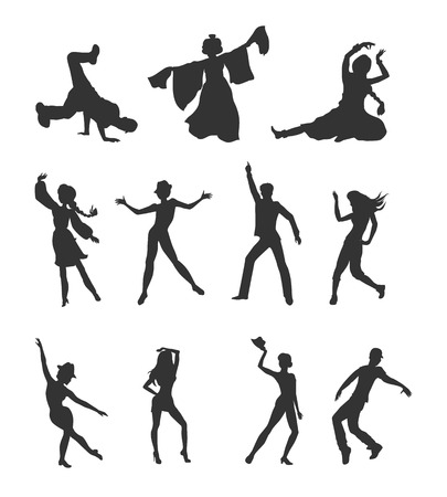 Dancing peoples. Men and women characters in modern and national clothes in different poses vector illustrations set isolated on white background. For app icons, logo, infographics, web designのイラスト素材
