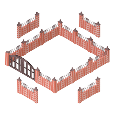 Iron fence with brick columns isolated on white. Gate with wicket in flat style design. Isometric projection. Metal gates, wrought iron, lattice gates and fences for yard. Vector illustrationのイラスト素材