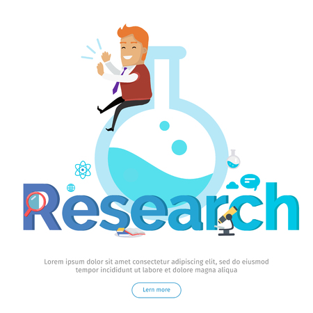 Research conceptual web banner. Happy applauding man seating on huge laboratory flask, books, microscope, magnifier, atom icons beside. For laboratory, scientific research center landing page designのイラスト素材