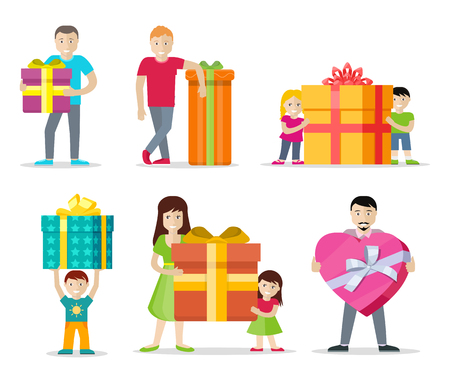 Happy peoples with presents. Smiling man, woman, kids, family standing with big gift box decorated ribbon and bow flat vectors isolated on white background. Birthday, valentine, christmas celebratingのイラスト素材