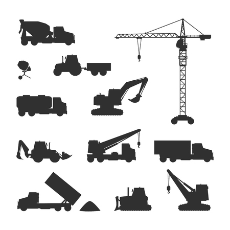 Construction machines silhouettes set. Building cranes, concrete mixers, excavators, trucks, bulldozer vector illustrations isolated on white background. For building company ad, infographics designのイラスト素材