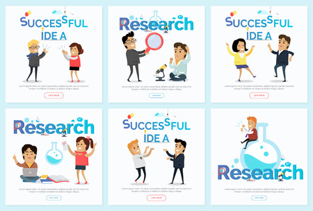 Successful idea and research banners. Cheerful people dancing satisfied with the results brainstorm and scientific testing. For laboratory, scientific research center, business trainings web pageのイラスト素材