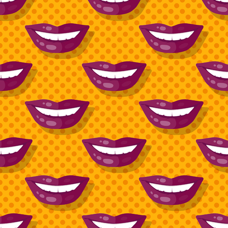 Seamless pattern patch smiling lips with teeth on polka dot background. Parted lips painted with red lipstick and white teeth. Cosmetic wrapping, covers. Fashion patch in cartoon 80s-90s comic styleのイラスト素材