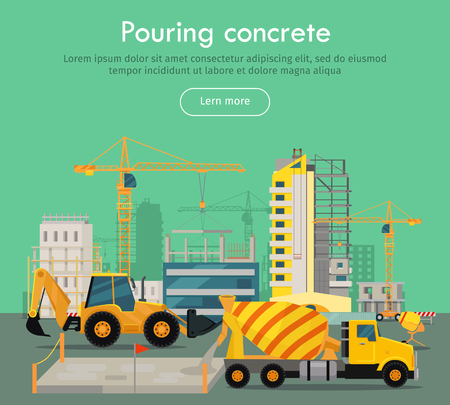 Pouring concrete conceptual web banner. Concrete mixing truck and loader on building site, buildings and cranes on background flat vector illustration. For construction company landing page designのイラスト素材