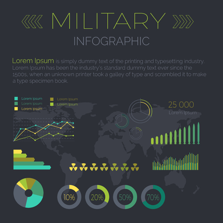 Word Infographic vector. Color circle and line diagrams with data, sample text, word map silhouette on black background. Flat style illustration for econimical, political, military conceptsのイラスト素材