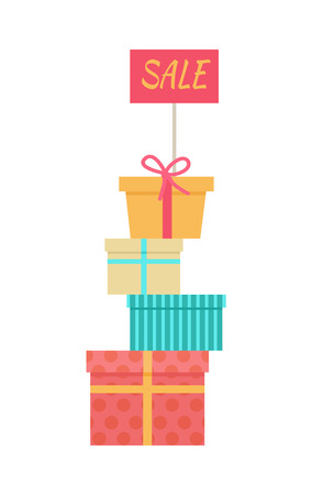 Sale concept. Big pile of colorful wrapped gift boxes. Mountain gifts sale. Beautiful present box with overwhelming bow. Gift box icons, symbols. Christmas sale. Isolated vector illustrationのイラスト素材