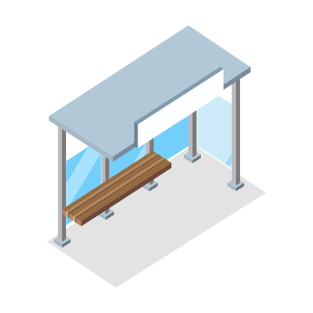 Urban bus stop. Public bus stop with shadow. Empty bus station with wooden bench. Bus stop icon. City isometric object in flat. Isolated vector illustration on white background.のイラスト素材