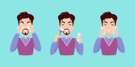 Stages of man face wash. Washing with cream cleanser or soap, shaving with razor, using moisturizer or lotion after shave. Boy cares about his look. Part of series of face care. Vector illustrationのイラスト素材