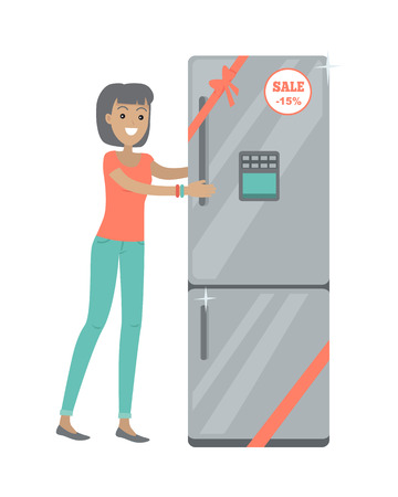 Discounts in electronics store concept. Smiling woman standing with refrigerator bought on sale flat vector illustration on white background. Shopping on appliances sellout. For shop promotions adのイラスト素材