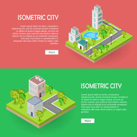 Isometric city buildingd vector web banners set. Modern architecture, skyscraper exterior, clean sustainable eco city. Home office buildings. Eco friendly environment. Residential estate cityscape.のイラスト素材