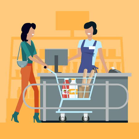 Buying fresh food in market concept vector. Flat design. Cashier serves buyers on counter desk. Comfortable and fast purchases. Picture for retail companies, shopping and payment services ad.のイラスト素材