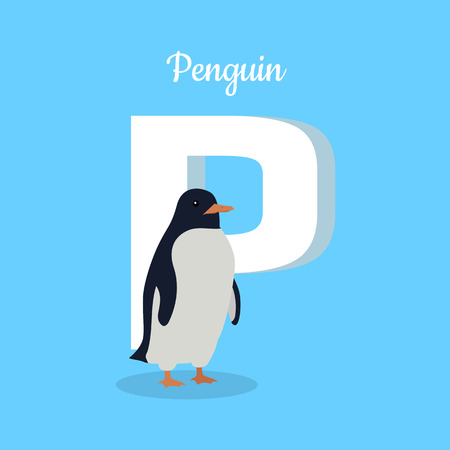 Animals alphabet. Letter - P. Funny penguin stands near letter. Alphabet learning chart with animal illustration for letter and animal name. Vector zoo alphabet with cartoon animal on blue backgroundのイラスト素材
