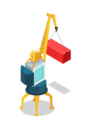 Crane with cargo container isolated. Machine, equipped with hoist rope, wire ropes or chains, and sheaves, used to lift and lower heavy things and transporting them to other places. Vectorのイラスト素材