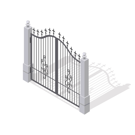Iron gates opens and closes from the middle isolated on white. Fence with columns. Isometric projection. Metal gates, wrought iron, lattice and golden gates and fences for yard. Flat style. Vectorのイラスト素材
